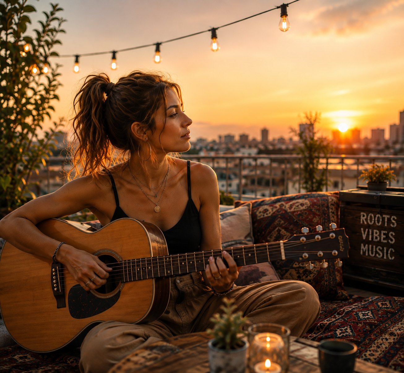 Lena Roots mit Akustikgitarre auf einer Dachterrasse im Abendlicht